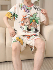 Augustus - Pyjama-Sets für Herren mit kurzärmligen T-Shirts und Shorts mit Bären-Print